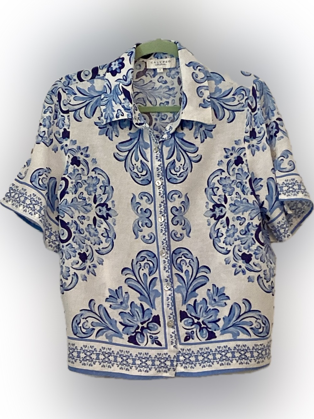 Calypso St Barth Blue Mediterranean Tile Print Linen Rayon Shirt Size Small